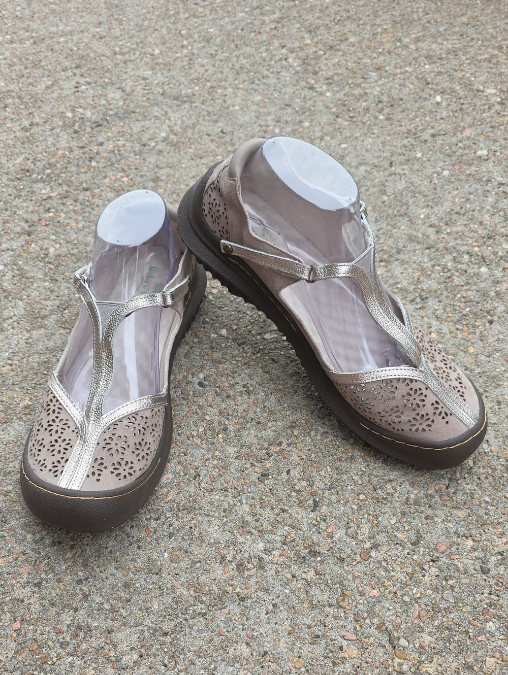 Jambu Taupe and Metallic Silver T-Strap Flats